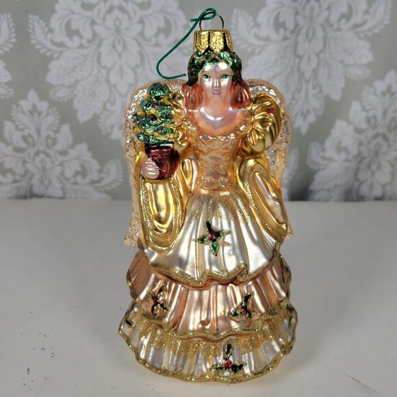 Vintage Hand Blown Glass Ornament Angel w/Christmas Tree with Glitter Accents - Picture 1 of 9